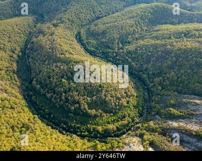 Eine faszinierende Drohnenansicht, die über einem dichten grünen Wald mit felsigen Klippen und einem versteckten Fluss Veleka im Strandzha-Nationalpark, Bulgarien, fliegt Stockfoto