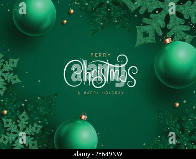 Frohe weihnachten Grußkarte Vektor-Design. Weihnachten und frohe Feiertage Text mit Weihnachtskugeln und Glitzer Schneeflocken Dekorationselemente in Grün Stock Vektor