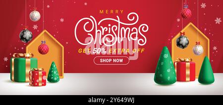 Weihnachtsverkauf Podium Vektor Banner Design. Grußtext für frohe weihnachten mit 50 % Rabatt auf Werbeaktion für Shopping-Aktionen in Rot Stock Vektor