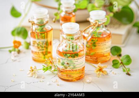 Entdecken Sie die heilende Kraft der Natur mit homöopathischen Heilmitteln ein kleines Wunder in jeder Flasche Stockfoto