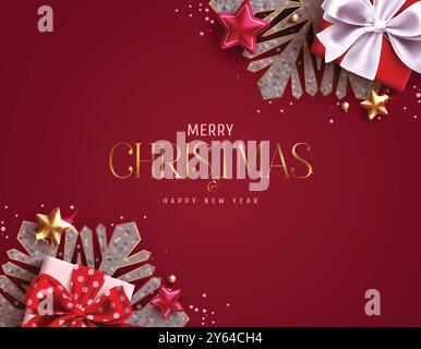 Frohe weihnachten Grußkarte Vektor-Design. Weihnachtsschneeflocken mit glänzenden Glitzern, Geschenkbox und Sternen-Dekorationselemente in rot elegant Stock Vektor