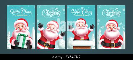 Weihnachten weihnachtsmann Grußkarte Vektor Poster Design. weihnachtsmann mit Geschenk, winkende und lächelnde Charaktere in der Winterkarte. Stock Vektor