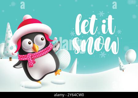 Weihnachtspinguin Charakter Vektor-Design. Lassen Sie es Schnee Grußtext mit niedlichem Vogel Pinguin Charakter im Schnee Winter Hintergrund für weihnachten Saison Stock Vektor