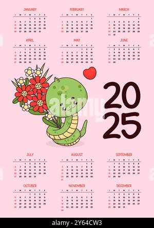 Jahreskalender 2025. Niedliche Schlangenfigur mit Blumenstrauß auf Rosa. Vertikale Vektorvorlage 12 Monate auf Englisch. Woche beginnt Sonntag. 2025 Jahre Stock Vektor