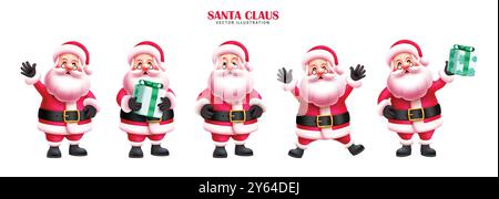 weihnachtsmann Charaktere Vektor Set Design. weihnachtsmann in fröhlicher Pose, niedlich lächelnd, freundlich winkend, stehend und hält Elemente in der Geschenkbox Stock Vektor