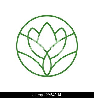 Einfache, runde grüne Logoästhetik der Pflanze. Emblem Blume im kreisförmigen linearen Stil. Abstrakte Vektor-Abzeichen für Design von natürlichen Produkten, Blume Stock Vektor