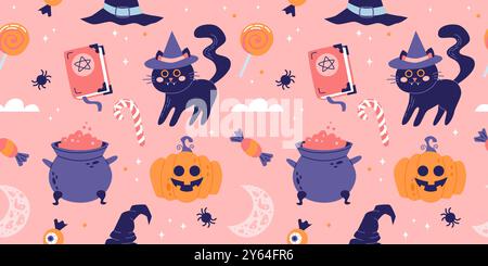 Nahtloses Halloween-Muster mit niedlichen schwarzen Katzen und Kürbissen. Vektorabbildung in abgewickelter Form Stock Vektor