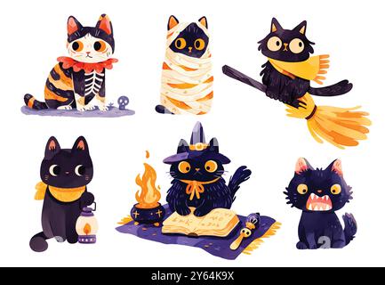Niedliche Halloween Katzen Aquarellbilder Stock Vektor
