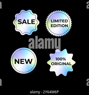 Set von Aufklebern, Hologrammemblemen, holographischen Etiketten auf dunklem Hintergrund. y2k Gradient Neon Aufkleber zum Verkauf, Produkte. Stock Vektor