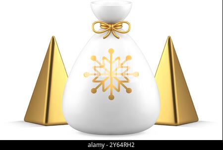 Weißer Weihnachtsmann Sack voller Weihnachtsgeschenke mit goldenen abstrakten Fichte geometrische Pyramide realistische 3D Icon Vektor Illustration. Niedliche Tasche mit Stock Vektor