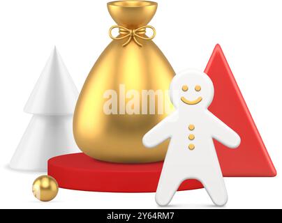 Weihnachten traditionelle festliche Komposition Lebkuchen Mann Santa Claus Sack auf Podium realistische 3D Icon Vektor Illustration. Weihnachtsdekorationselemente Stock Vektor