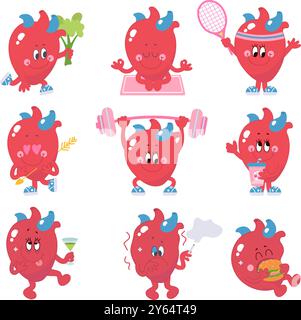 Herzzeichen. Menschliche Herzen unterschiedliche Posen und Emotionen. Gesunde ungesunde Lebensweise Illustration. Interner Organschutz, heute Vektorsymbole Stock Vektor