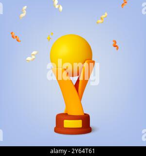 Goldene Siegertrophäe mit Goldball. Fallendes Konfetti, leuchtende Sterne und Siegespreis. Jubiläum, Erfolg, Sportwettbewerb gewinnen, Vektor-Rendering Stock Vektor