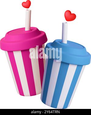 Wiederverwendbare Trinkbecher mit Deckel und Trinkhalmen. Isolierte 3D-Pappbecher für kalte Getränke und Limonaden. Cafe Bar Fast Food Restaurant Vektor realistisch Stock Vektor