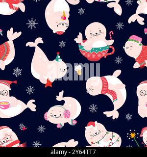 Nahtloses Muster für Fellabdichtung. Weihnachtssiegel in Weihnachtsfeiermützen Schals Fäustlinge. Tier und Schneeflocken. Saisonaler Stoffdruck im Winter, Vektordesign Stock Vektor