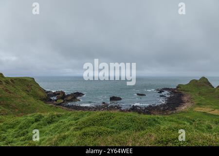 Grüne Hügel und zerklüftete Felsen umgeben die Bay of the Cow in der Nähe des Giant's Causeway und treffen unter grauem, bewölktem Himmel auf den ruhigen Atlantik Stockfoto