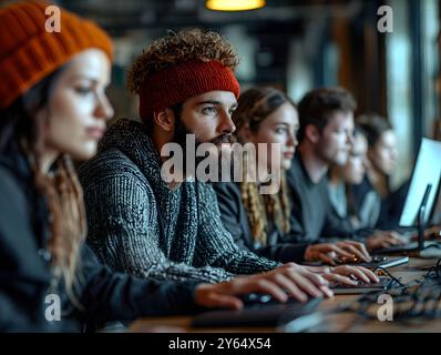 Eine vielfältige Gruppe von Technologieentwicklern arbeitet intensiv zusammen, während sie an ihren Computern programmieren und Teamarbeit und Kreativität in einem modernen Arbeitsbereich präsentieren. Stockfoto