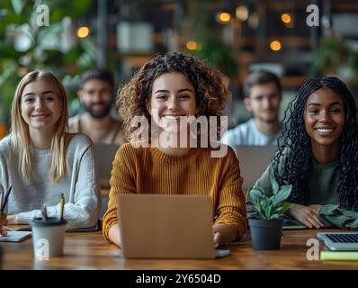 Eine vielfältige Gruppe junger Fachkräfte arbeitet in einem modernen Bürobereich zusammen. Sie zeigen Kreativität und Positivität, während sie an Teamgesprächen teilnehmen Stockfoto