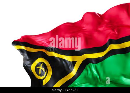 Realistische Flagge von Vanuatu mit Falten, isoliert auf weißem Hintergrund. Fußzeile, Eckelement. Ausschnitt. Perfekt für patriotische oder nationale Themen Stockfoto