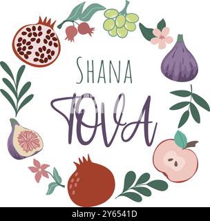 Glückwunschkarte für den Urlaub von Shana Tova. Runder Kranz aus Früchten, Blumen und Kräutern mit Glückwunsch. Kreisförmiges festliches Design für Juden Stock Vektor