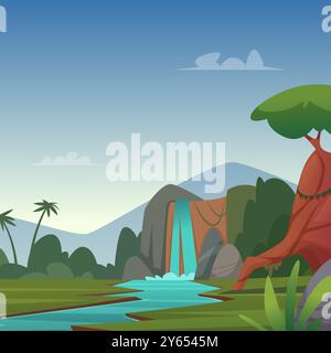 Wasserfalllandschaft. Hintergrund der Außenumgebung mit wunderschönem Wasserfall und Palmenholz Stock Vektor