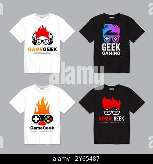 Gamer-T-Shirt. Design für geekte Gesichter von Kleidung mit Gamepad aus Spielekonsolen Stock Vektor