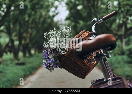 Warten auf Eigentümer. Nahaufnahme des Fahrrads mit Blumen im Korb, die draußen auf der Straße stehen Stockfoto