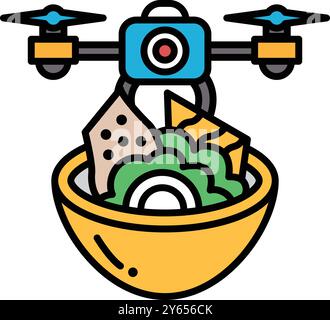 Eine Drohne schwebt über einer Schüssel Essen, einschließlich eines Stücks Brokkoli. Die Drohne ist mit einer Kamera ausgestattet, die auf das Essen gerichtet ist. Concep Stock Vektor