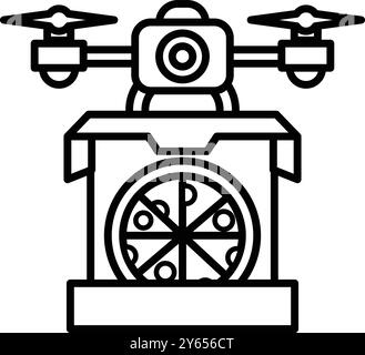 Eine Drohne schwebt über einer Kiste Pizza. Die Drohne ist blau und gelb Stock Vektor
