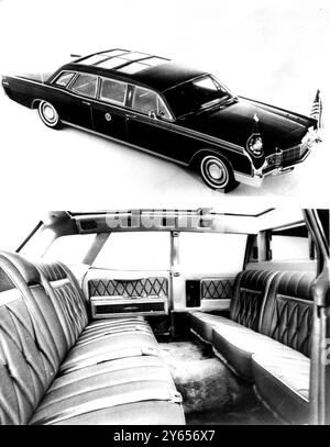 Die 1969 Meter hohe Lincoln Continental mit Glasgehäuse über dem Fahrgastraum ist die neueste Presidential-Limousine. Sie wurde am 21. Oktober an den Secret Service geliefert. Wenn der Präsident mit dem Auto fährt, wird die Flagge der Vereinigten Staaten vom rechten Kotflügel aus geflogen, und der Standardfropm des Präsidenten vom linken Kotflügel. Ein Mittelteil des Glasdachs ist schwenkbar , so dass es geöffnet werden kann . Der hintere Stoßfänger kann wie eine Heckklappe abgesenkt und in eine Plattform für Geheimdienstmitarbeiter umgewandelt werden . Der Innenraum ist mit silbernem mouton-Teppich ausgelegt. Eine Glasschiebplatte Stockfoto