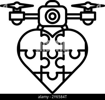 Ein schwarz-weißes Herz aus Puzzleteilen mit einer Drohne oben. Das Herz ist ein Symbol der Liebe und die Kamera repräsentiert die Idee, Erinnerungen festzuhalten Stock Vektor