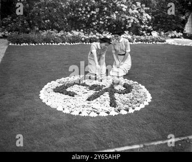 Die Krankenschwestern Diana Smith (links) und Julia Yendoll , beide 19 und vom St. Thomas's Hospital , bewundern die EIIR-Chiffre mit Bratsche und weißem Alyssum in den Gärten des Royal Hospital , Chelsea , wo nun Vorbereitungen für die Eröffnung der Chelsea Flower Show am Mittwoch in Vorbereitung sind . 18. Mai 1953 Stockfoto