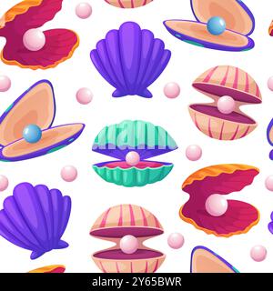 Nahtloses Muster mit Perlenmuscheln. Natürliche dekorative Perlen in leuchtenden Schalen. Sea Ocean Nautical Print Design für Verpackung und Stoff, heute Vektor Stock Vektor