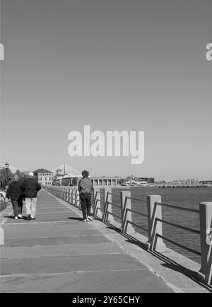 Eine weiße Frau im Alter von 55 bis 60 Jahren, die entlang der malerischen Promenade am Battery in Charleston, South Carolina, USA, spaziert. Stockfoto