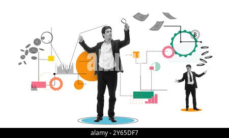 Geschäftsmann mit Lupe, der sich mit schwankenden Währungssymbolen und Zahnrädern befasst. Diagramme, die das Finanzwachstum symbolisieren. Zeitgenössische Kunstcollage. Stockfoto