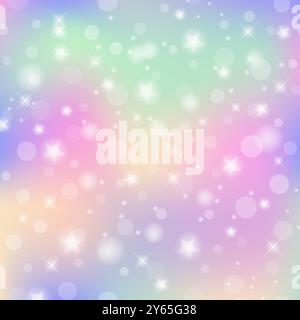 Vektor Rosa Einhorn bunter verschwommener Himmel mit Sternen. Weicher Pastellhintergrund. Phantasiegeträumte Galaxie. Magischer welliger Raum mit Feenlicht und Glitzer. Stock Vektor