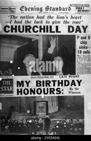 Evening Papers Headline Birthday wie die Londoner Evening Papers ' Star ' und ' Evening Standard ' die Überschrift Winston Churchill 80. Geburtstag 30. November 1954 Stockfoto