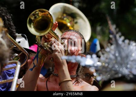 Sao Paulo, SP, Brasilien - 24. Februar 2020: Mann spielt Trompete während der Charanga do Franca Carnival Block Party in den Straßen der Innenstadt von SP. Stockfoto