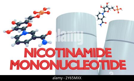 3D-Rendering von zwei weißen zylindrischen Behältern. Daneben befindet sich eine 3D-Molekülstruktur mit der Bezeichnung „Nicotinamid-Mononukleotid“. Stockfoto