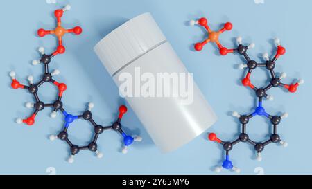 3D-Rendering eines weißen zylindrischen Behälters. Daneben befindet sich eine 3D-Molekülstruktur mit der Bezeichnung „Nicotinamid-Mononukleotid“. Stockfoto