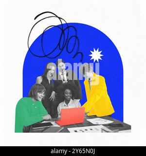 Zeitgenössische Kunstcollage. Ein Team junger Profis versammelte sich um den Laptop, nahm an Brainstorming-Sitzungen vor blauem Hintergrund Teil und spielte spielerisch Stockfoto