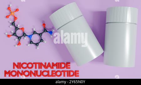 3D-Rendering von zwei weißen zylindrischen Behältern. Daneben befindet sich eine 3D-Molekülstruktur mit der Bezeichnung „Nicotinamid-Mononukleotid“. Stockfoto