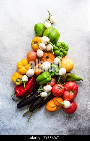 Eine farbenfrohe Auswahl an frischem Gemüse, einschließlich Tomaten, Paprika und Auberginen, die kunstvoll auf einem strukturierten grauen Hintergrund angeordnet sind und die n Stockfoto