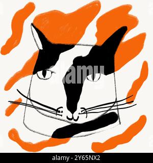 Eine künstlerische, abstrakte Illustration einer Katze mit kräftigen Schwarz-weiß-Elementen, hervorgehoben durch leuchtende orangefarbene Striche, ideal für eine moderne Einrichtung. Stockfoto