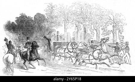 Illustration aus den Illustrated London News vom 4. Juni 1842, die den versuchten Mord an Queen Victoria im Hyde Park durch John Francis am 30. Mai 1842 zeigt. Die Illustrustration soll die erste veröffentlichte Gravur eines Fotos eines Nachrichtenereignisses sein. Stockfoto