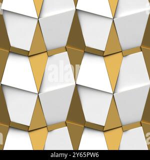 Diese Illustration zeigt ein nahtloses geometrisches 3D-Muster, das aus ineinander greifenden Dreiecken und Trapezen in Gold- und Weißtönen besteht Stockfoto