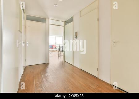 Ein unbesetzter Flur des Apartments mit Sonnenlicht, das den Holzboden und die weißen Wände beleuchtet. Stockfoto