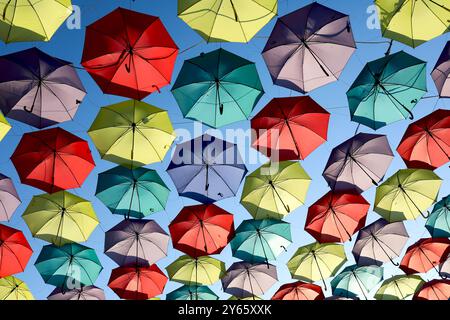 Eine lebendige Ausstellung zahlreicher Regenschirme in verschiedenen Gelb-, Rot-, Blau- und Grüntönen, die an einem klaren blauen Himmel hängen und einen farbenfrohen Überzug erzeugen Stockfoto