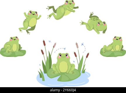 Springfrosch. Zeichentrickfrosche Jump Bewegungsanimation, Kröte LEAP Action Sequenz Zyklus Hop Bewegung aquatisch grün kleine Amphibienfliege Pose 2D animierte Set Swanky Vektor Illustration Original Artwork Stock Vektor
