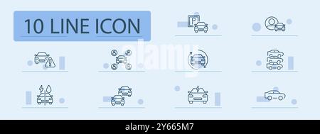 Autoset-Symbol. Autowarnung, Parkplatz, Fahrgemeinde, Elektrofahrzeug, Autowaschanlage, Fahrzeugflotte, Autovertausch, Fahrzeugservice, Automobil, geteilter Transport Stock Vektor